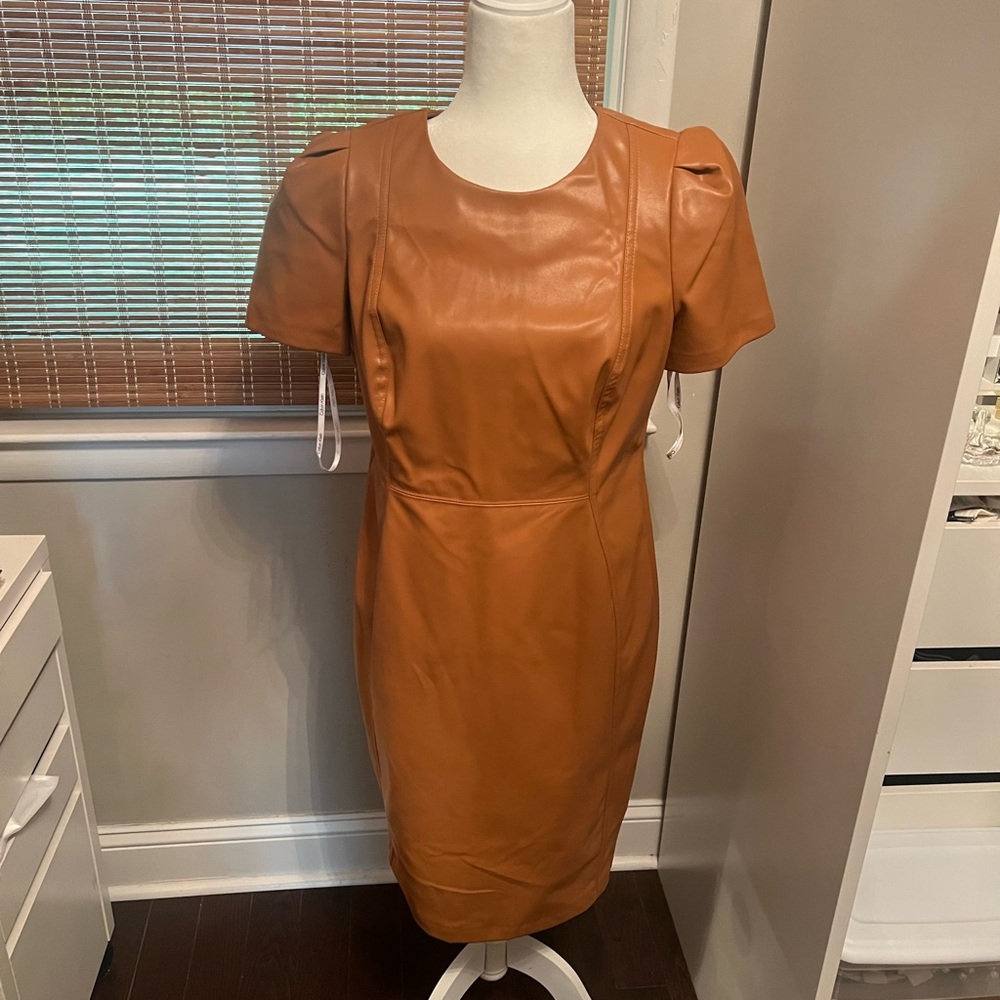Calvin Klein Brown Sheath Mini Dress Puff Sleeve Crew Neck
